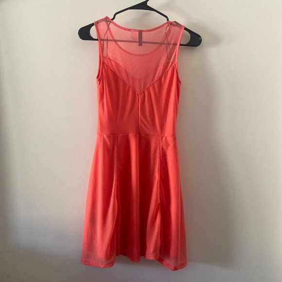 Coral Fit and Flare Dress with Mesh Neckline - Picture 2 of 4